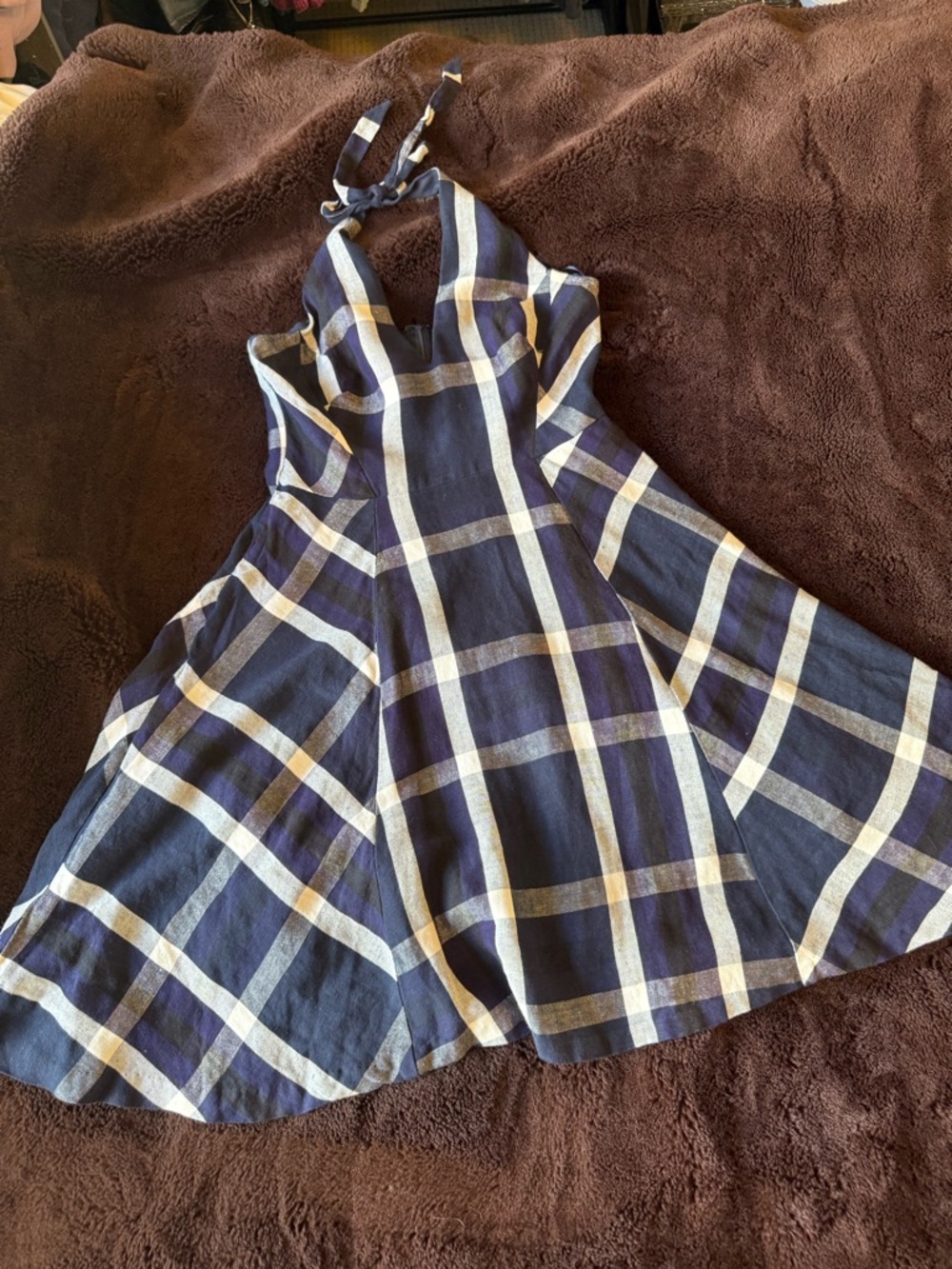 Eva Franco Navy and White Plaid Halter Sundress